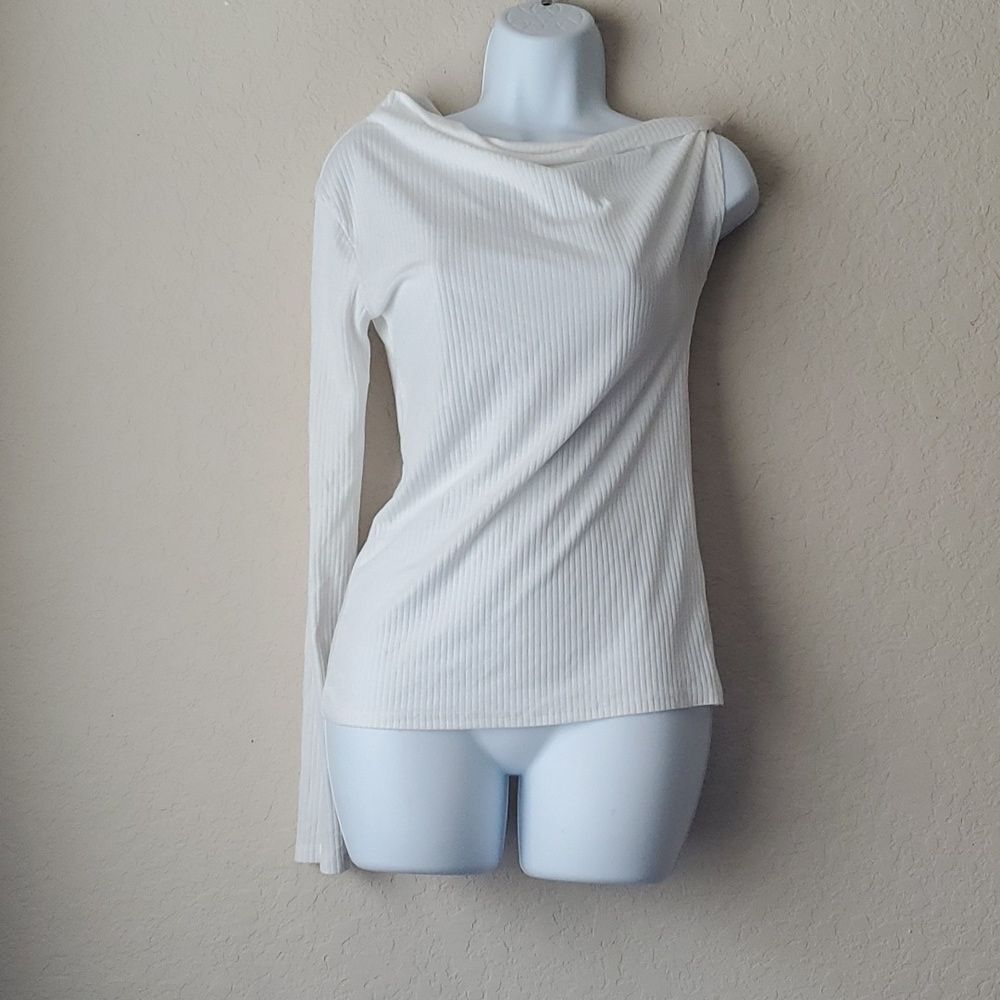 Open Edit White Ribbed One Shoulder Top Size Medium Long Sleeve Asymmetrical**